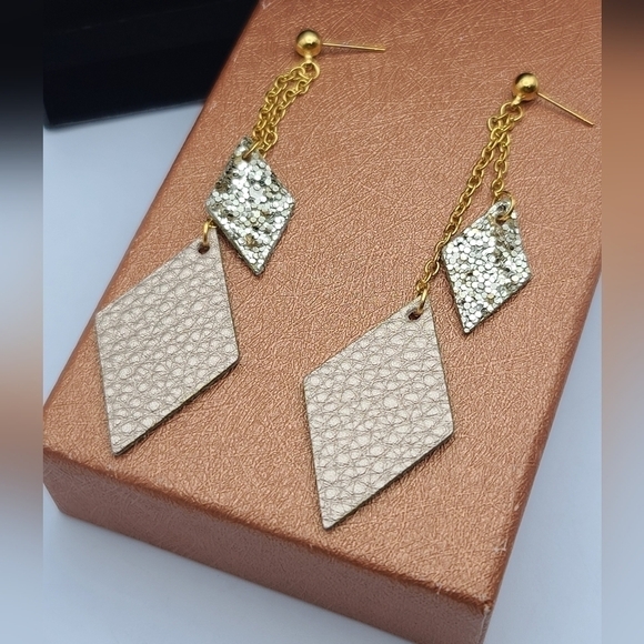 VEGAN Leather Dangle Post Earrings In Gold And Metallic Cream - Picture 9 of 10